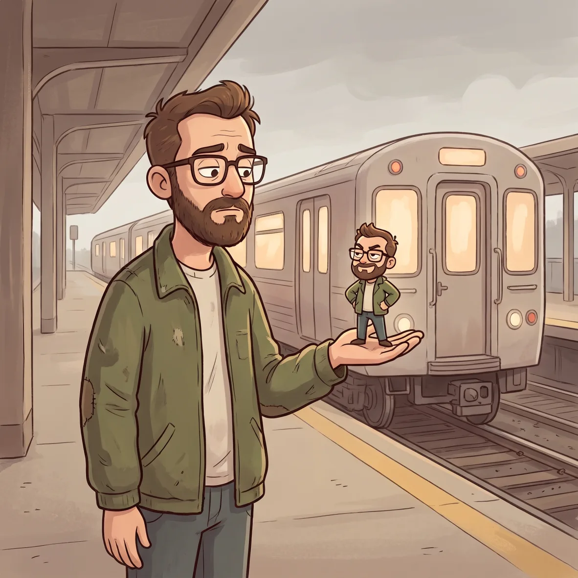An original editorial cartoon where a lone commuter on a train platform notices a tiny confident double standing on his open hand.